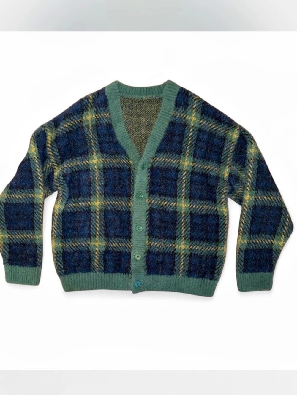 Plaid Cardigan in Blue & Green Like New